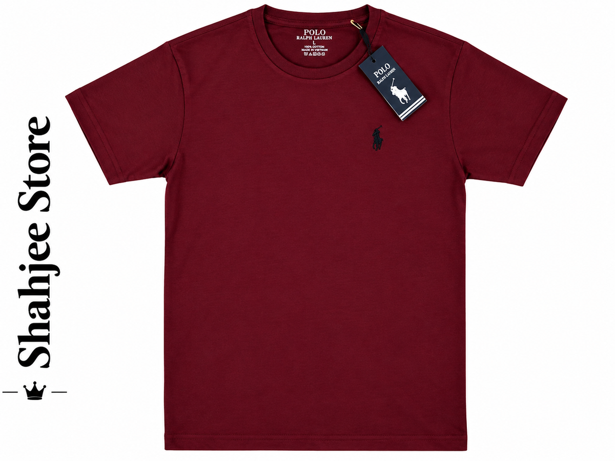 Embroidered Round Neck T-Shirt - Maroon