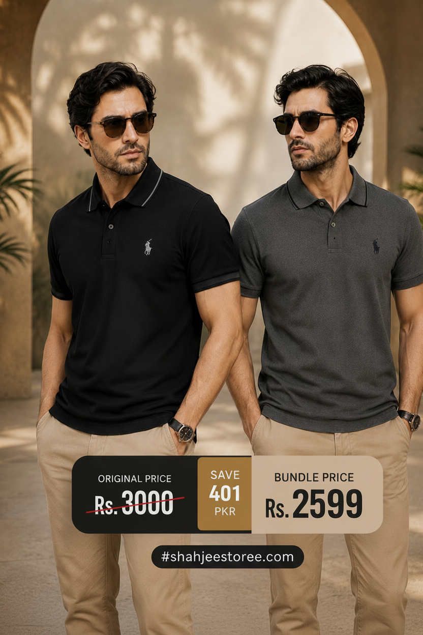 Two Polo Ralph Lauren short-sleeve polo shirts shown side by side on a white background: one white with black piping and a black embroidered pony logo, and one dark gray with white piping and a small dark logo.