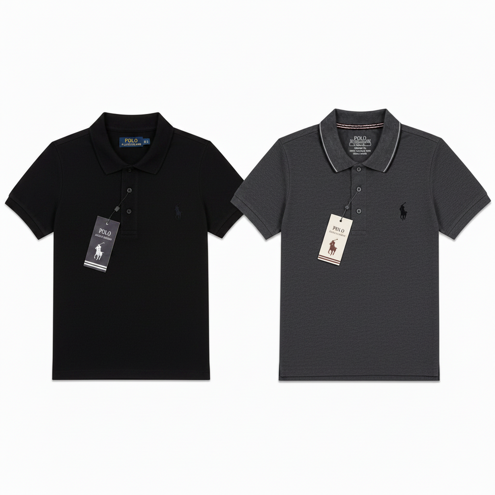 Two Polo Ralph Lauren short-sleeve polo shirts shown side by side on a white background: one white with black piping and a black embroidered pony logo, and one dark gray with white piping and a small dark logo.