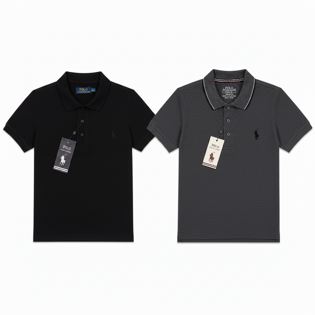 Two Polo Ralph Lauren short-sleeve polo shirts shown side by side on a white background: one white with black piping and a black embroidered pony logo, and one dark gray with white piping and a small dark logo.